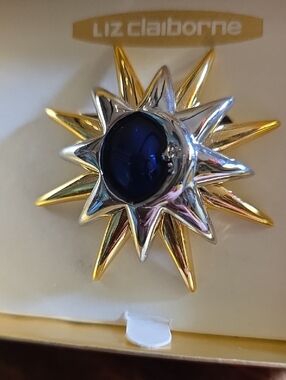 Vintage Liz Claiborne Two-Tone Starburst Brooch with Deep Blue Cabochon